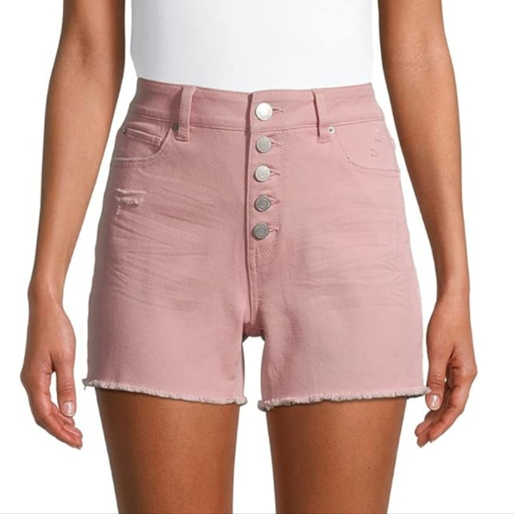 Time and Tru Women's High Rise 5 Button Denim Frayed Hem Shorts Pink Size 6